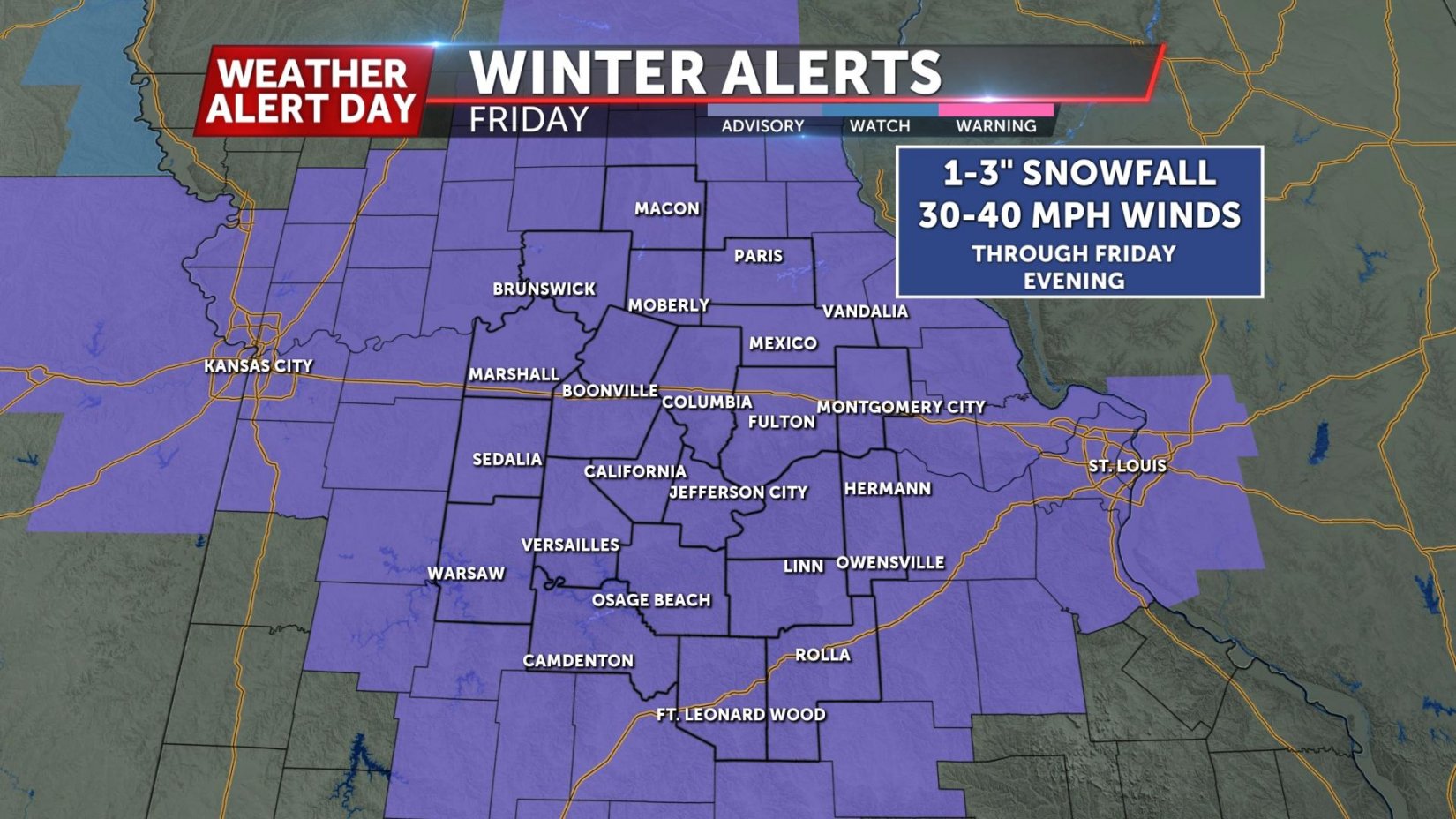 Windy and up to 3 inches of snow for Mid Missouri today KWOS